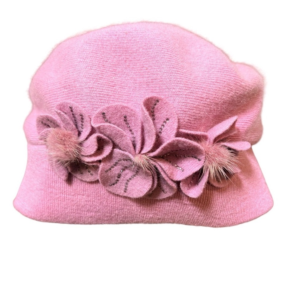 Angora Wool Beret Women OS Pink Floral Rhinestone Embellished Knit Hat